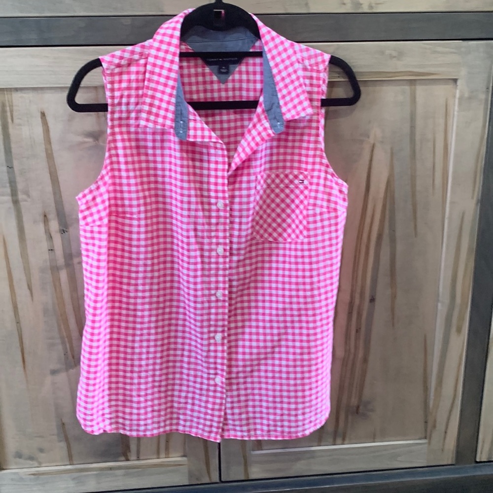 Tommy Hilfiger pink gingham check sleeveless button down blouse size medium